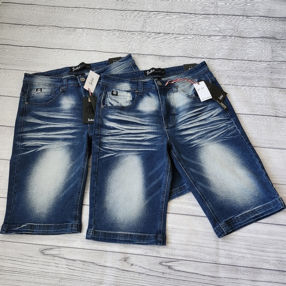 Men's Stretch Blue Denim Shorts Skinny Fit - Picture 10 of 10